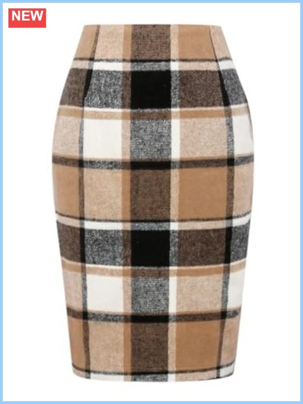 Women's Wool Plaid Knee Length Pencil Skirt with Slit High Waist Business Casual